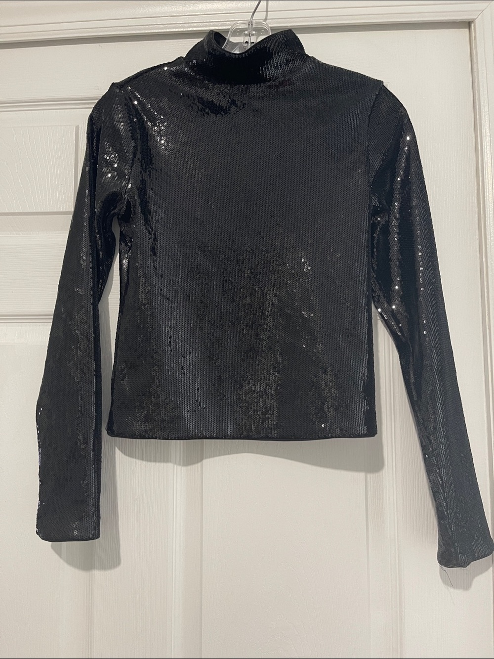 Express Black Sequin Long-Sleeve Mock Neck Top